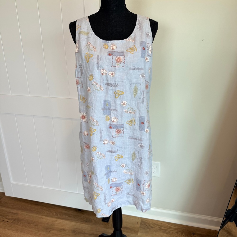 VTG Rafaella Light Blue 100% Linen Butterfly Floral Sleeveless Shift Dress 16